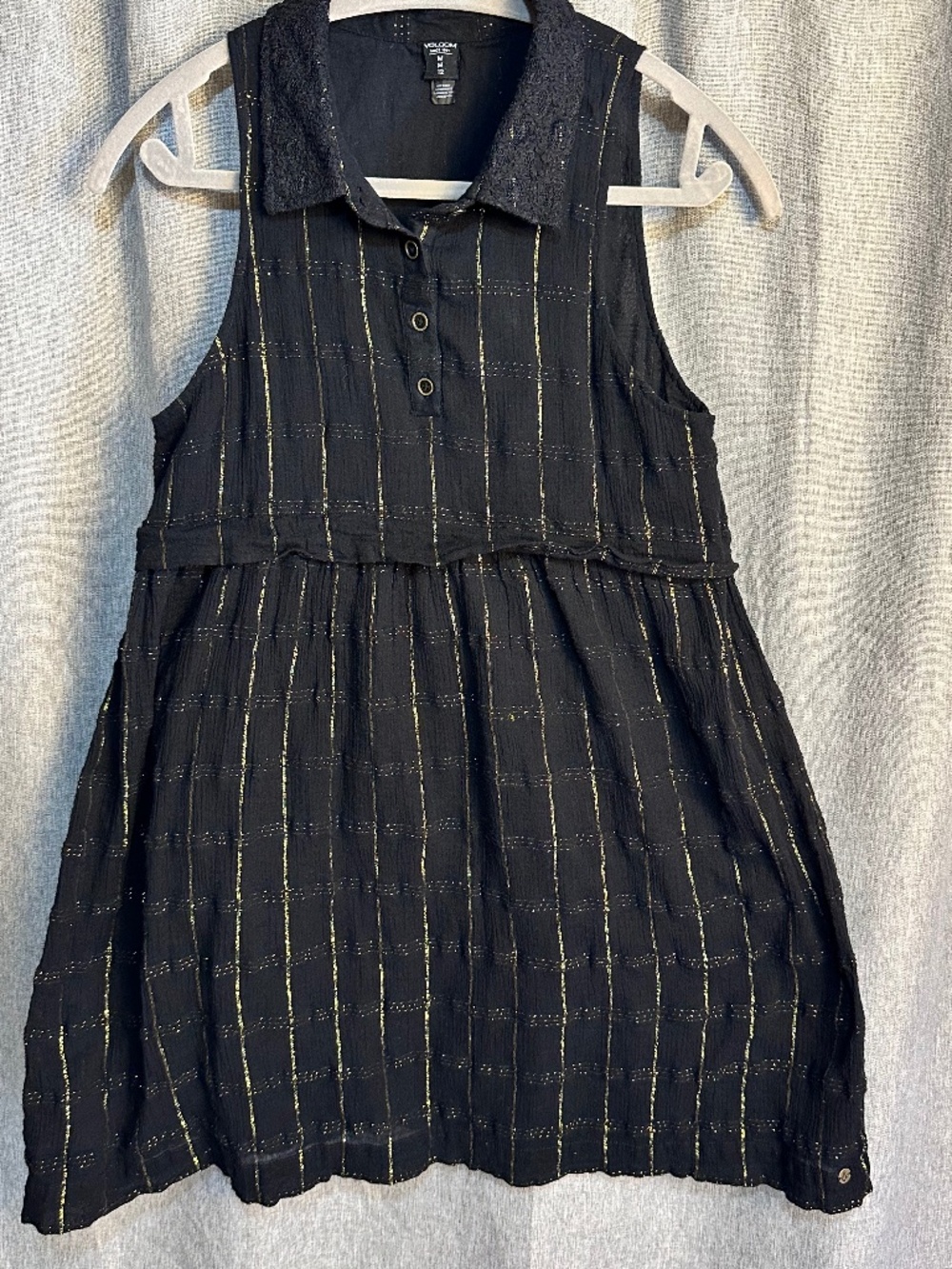 Volcom Text Me Black Metallic Gold Shimmer Stripe Lace Collar Dress - Girls Medi